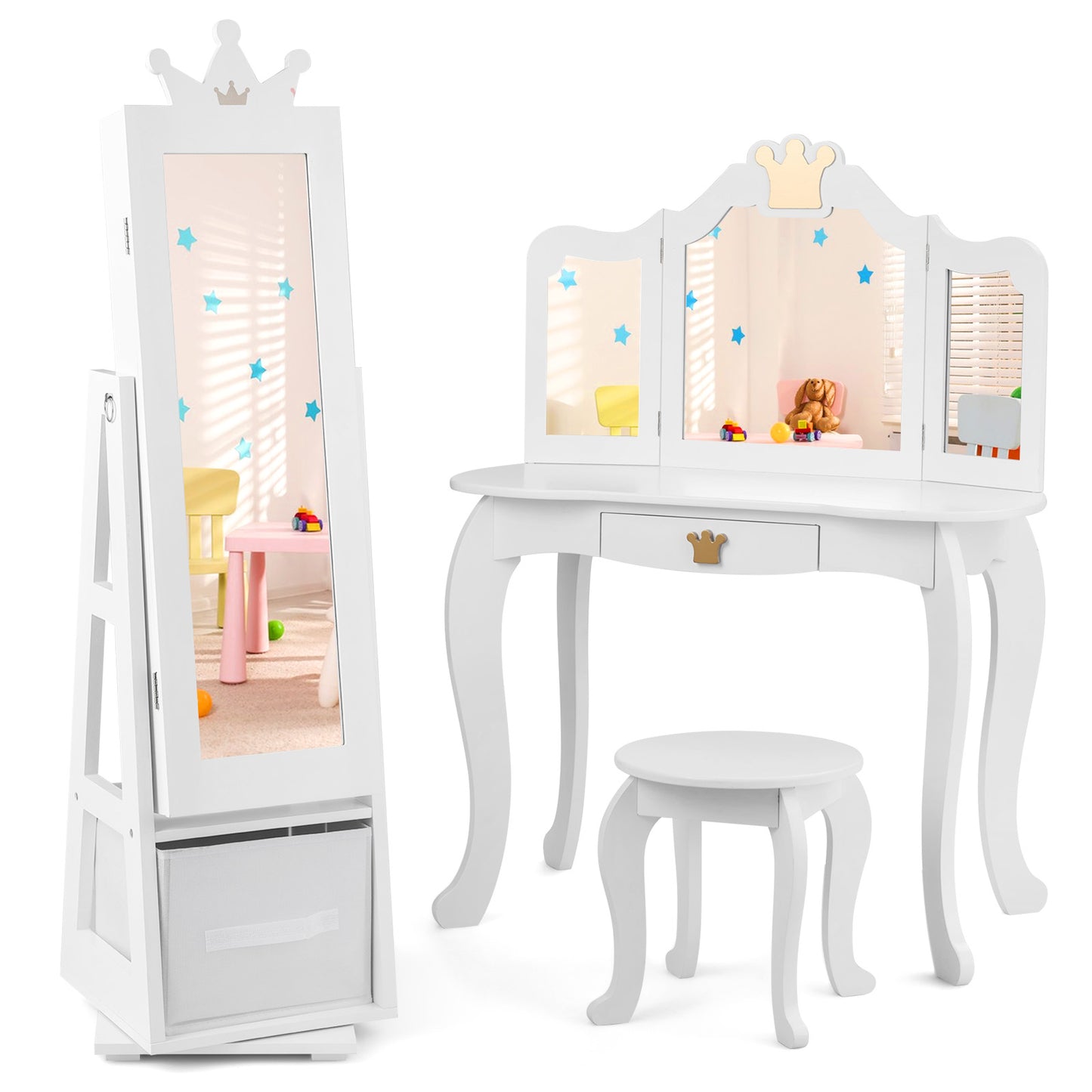 Kids Jewelry Armoire Cabinet with Mirror and Swivel Base