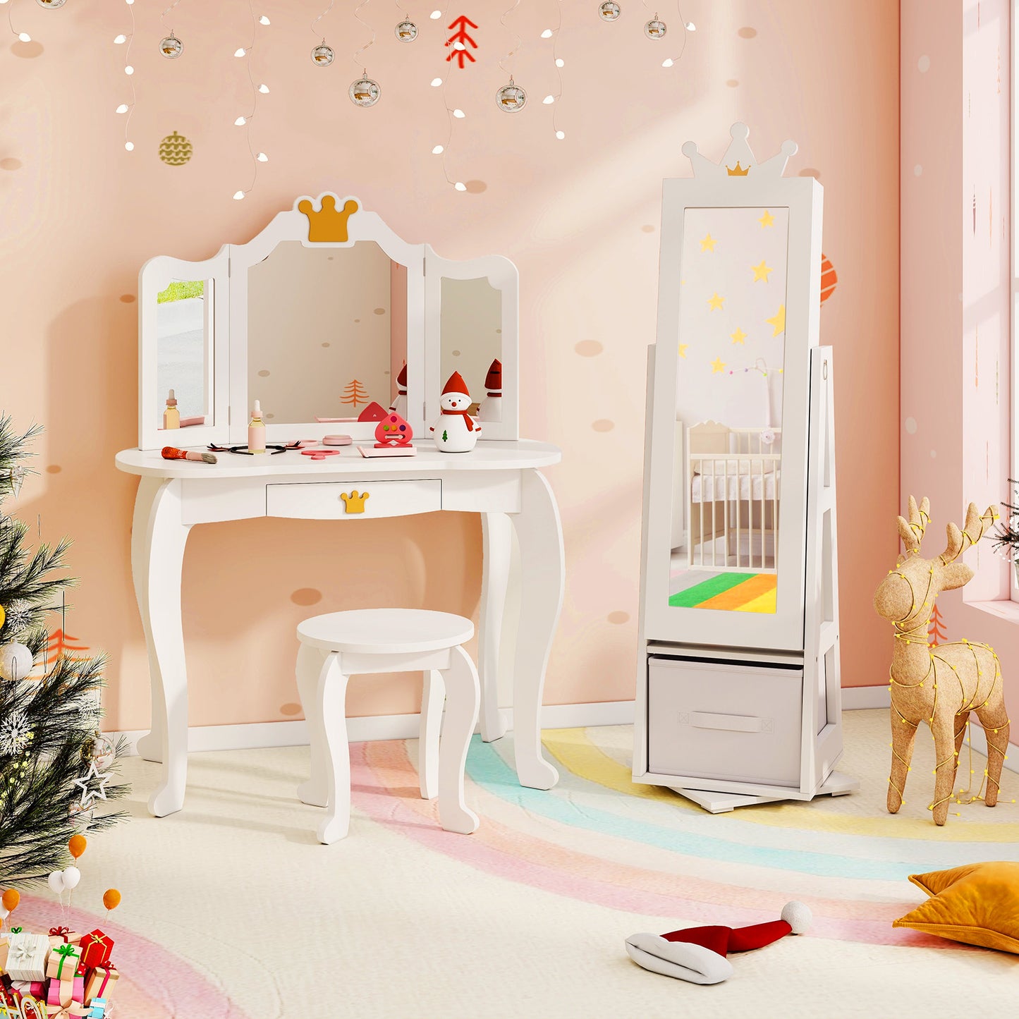 Kids Jewelry Armoire Cabinet with Mirror and Swivel Base