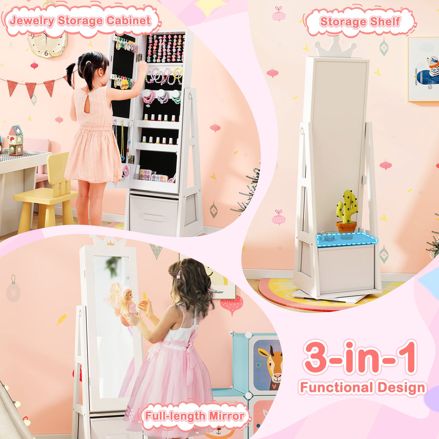 Kids Jewelry Armoire Cabinet with Mirror and Swivel Base