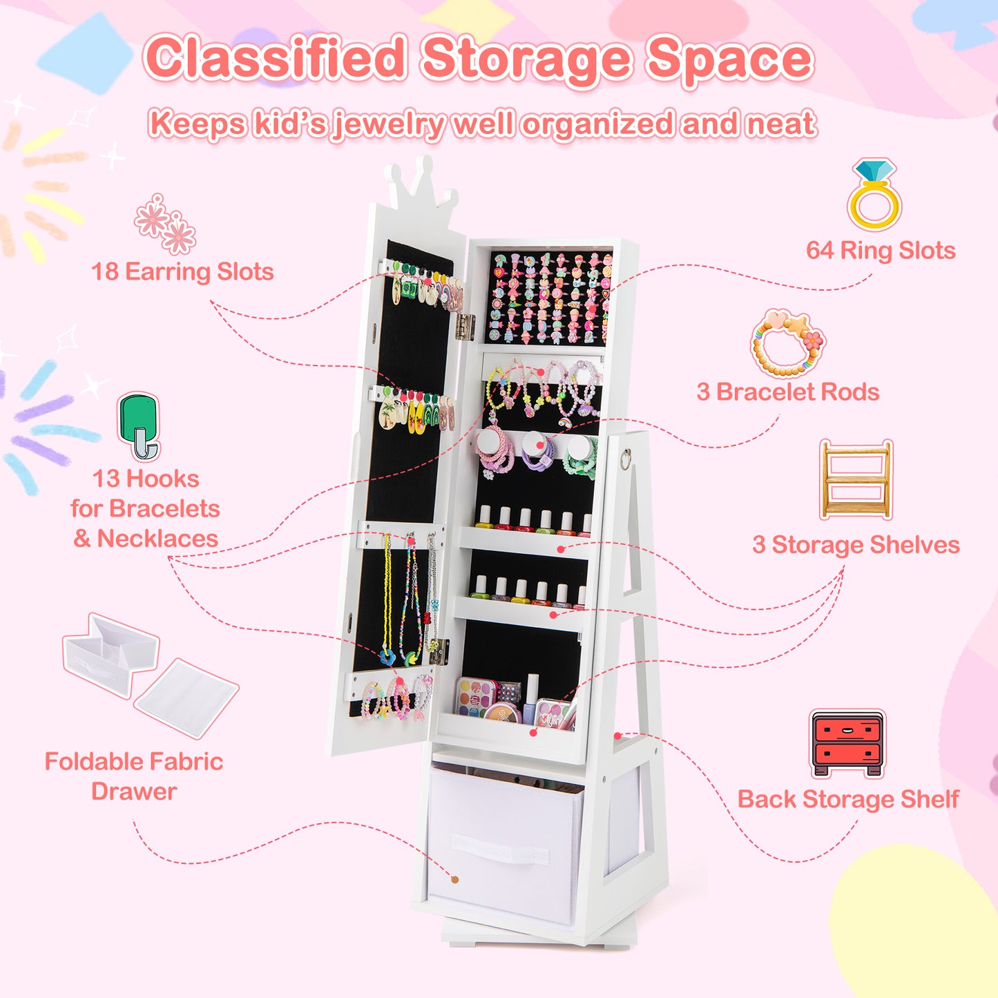 Kids Jewelry Armoire Cabinet with Mirror and Swivel Base