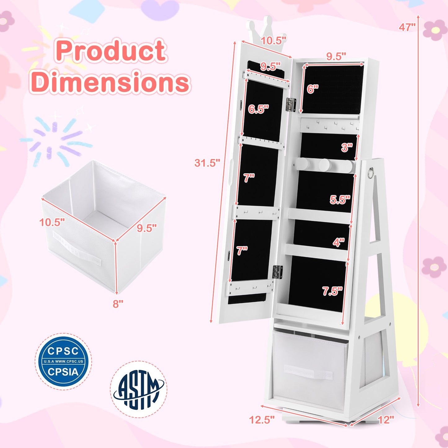 Kids Jewelry Armoire Cabinet with Mirror and Swivel Base