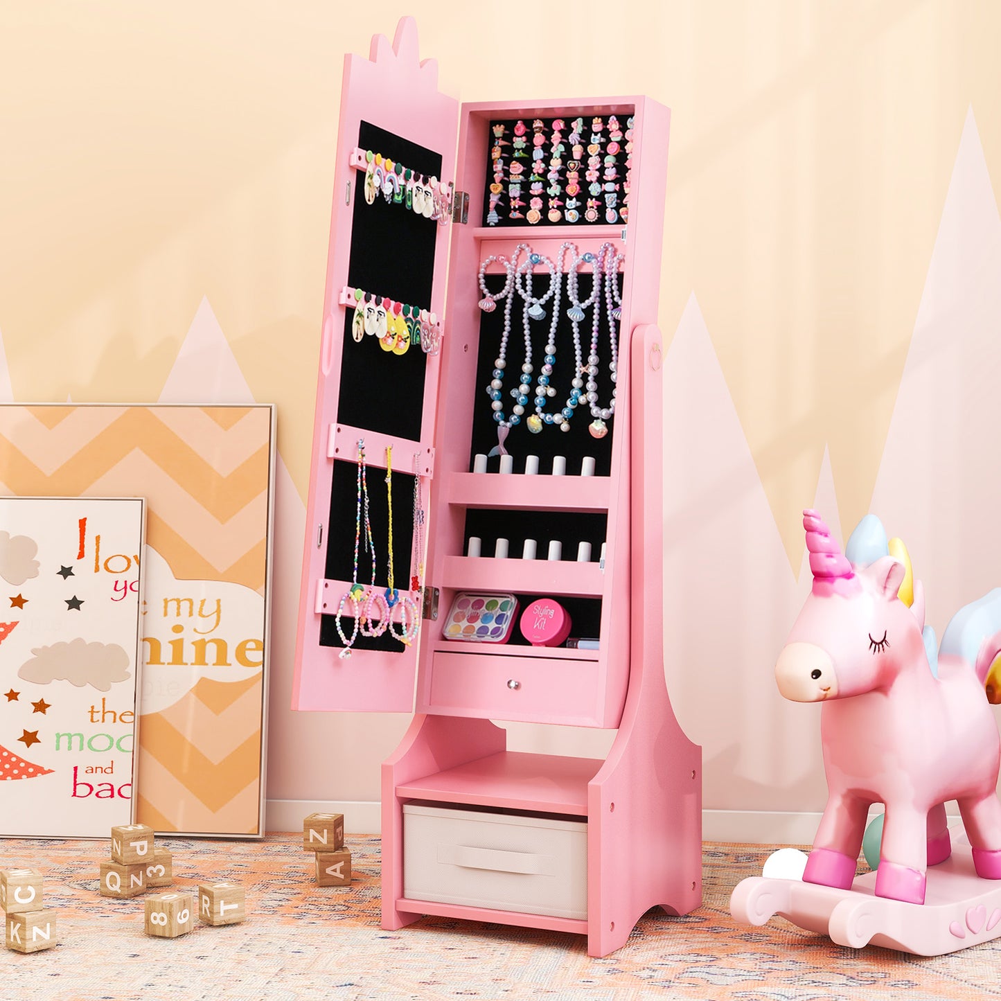 Kids Jewelry Cabinet with Full-Length Mirror - Pink