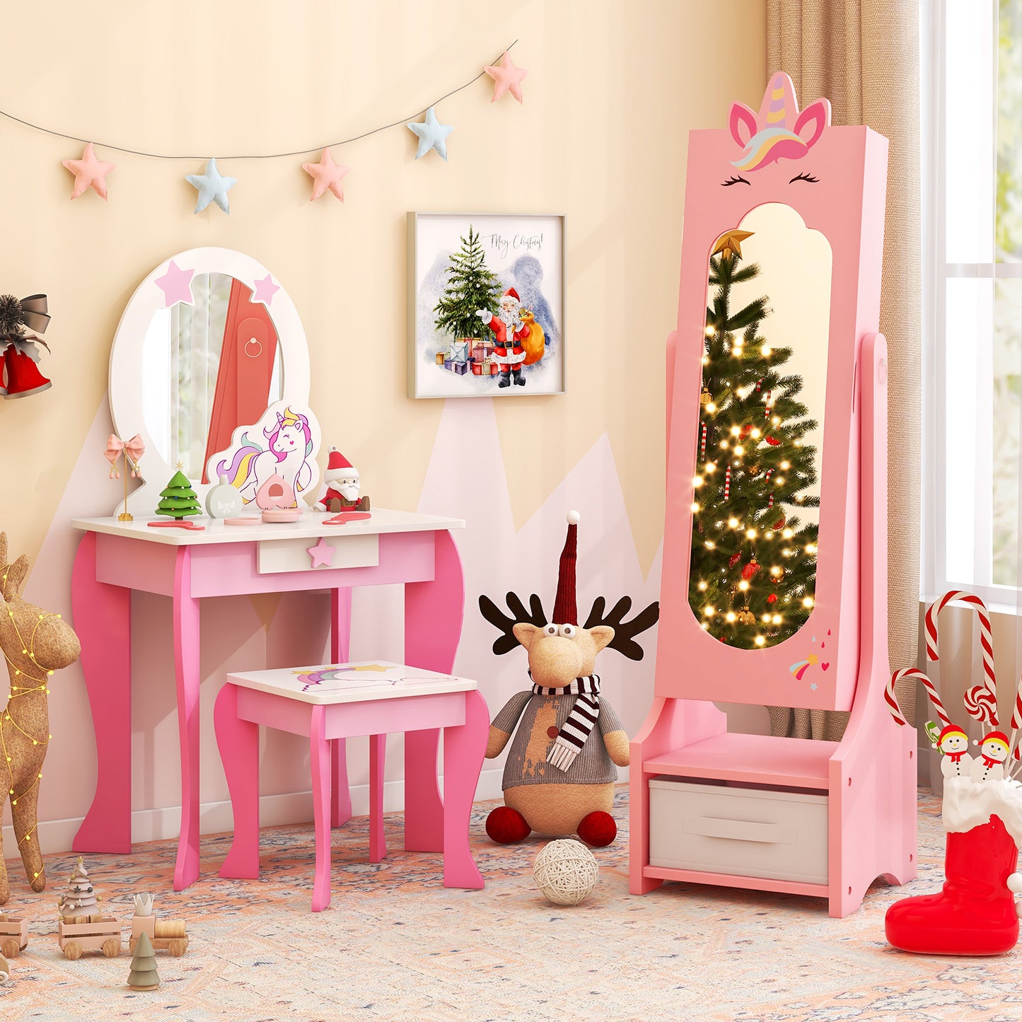 Kids Jewelry Cabinet with Full-Length Mirror - Pink