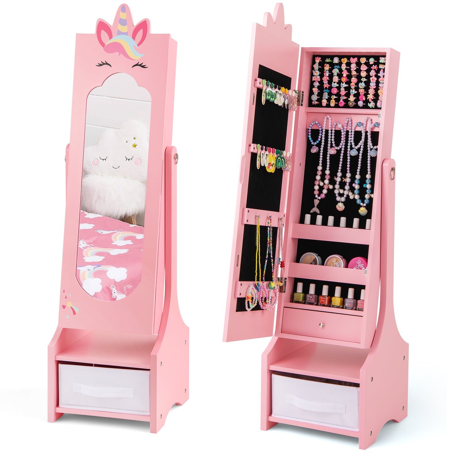 Kids Jewelry Cabinet with Full-Length Mirror - Pink