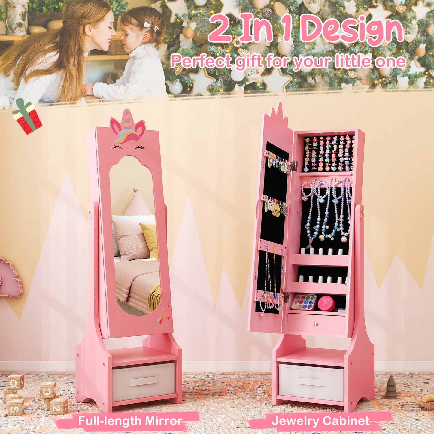 Kids Jewelry Cabinet with Full-Length Mirror - Pink