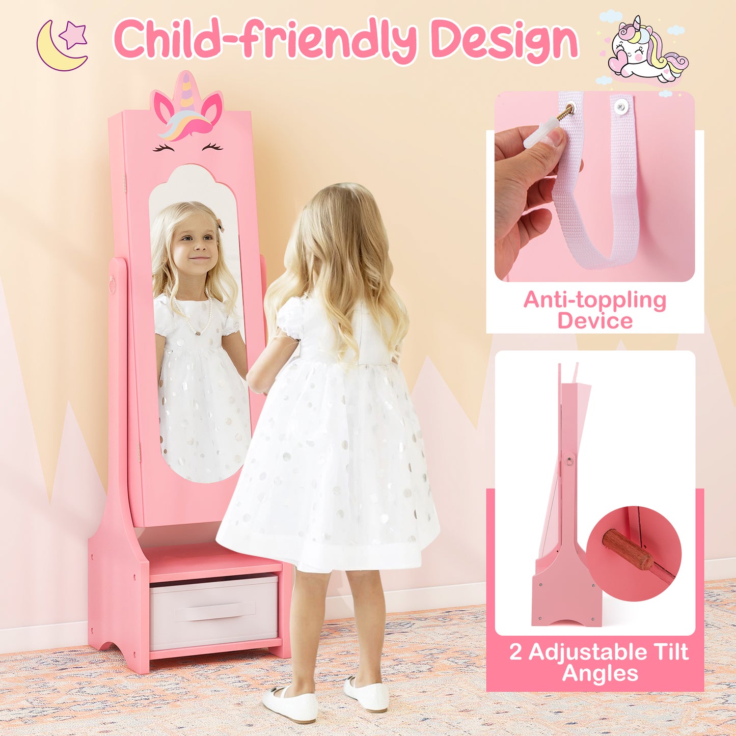 Kids Jewelry Cabinet with Full-Length Mirror - Pink