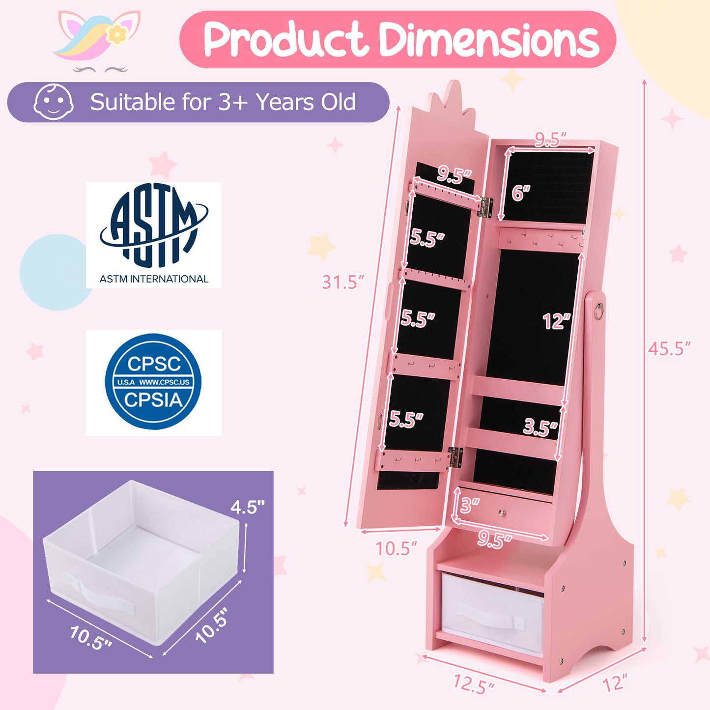 Kids Jewelry Cabinet with Full-Length Mirror - Pink