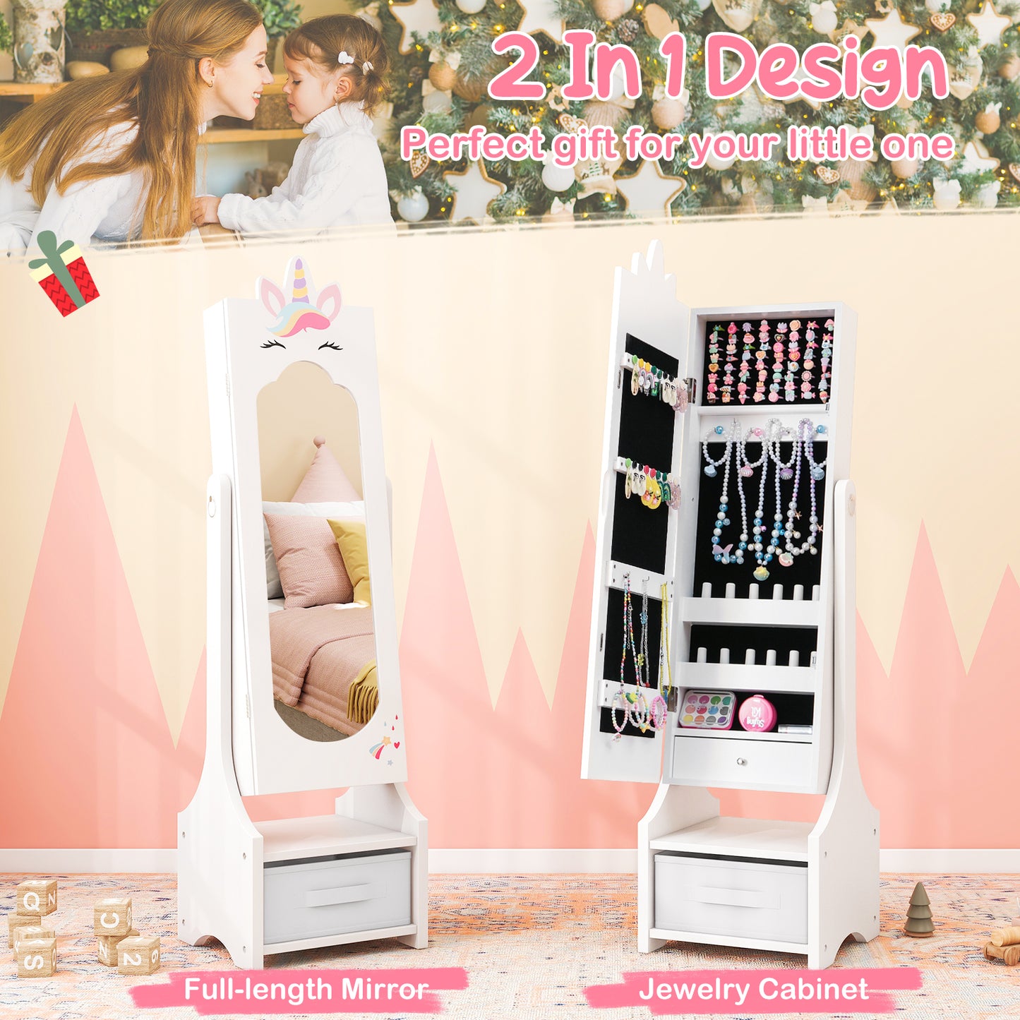 Kids Jewelry Cabinet with Full-Length Mirror - Pink