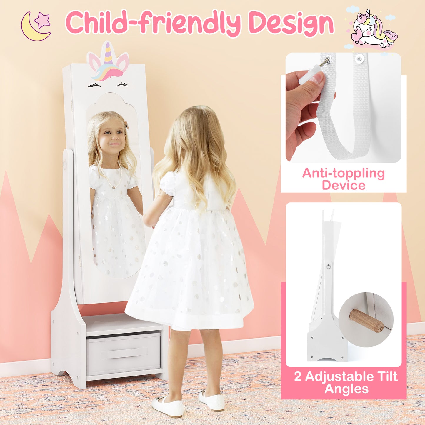 Kids Jewelry Cabinet with Full-Length Mirror - Pink