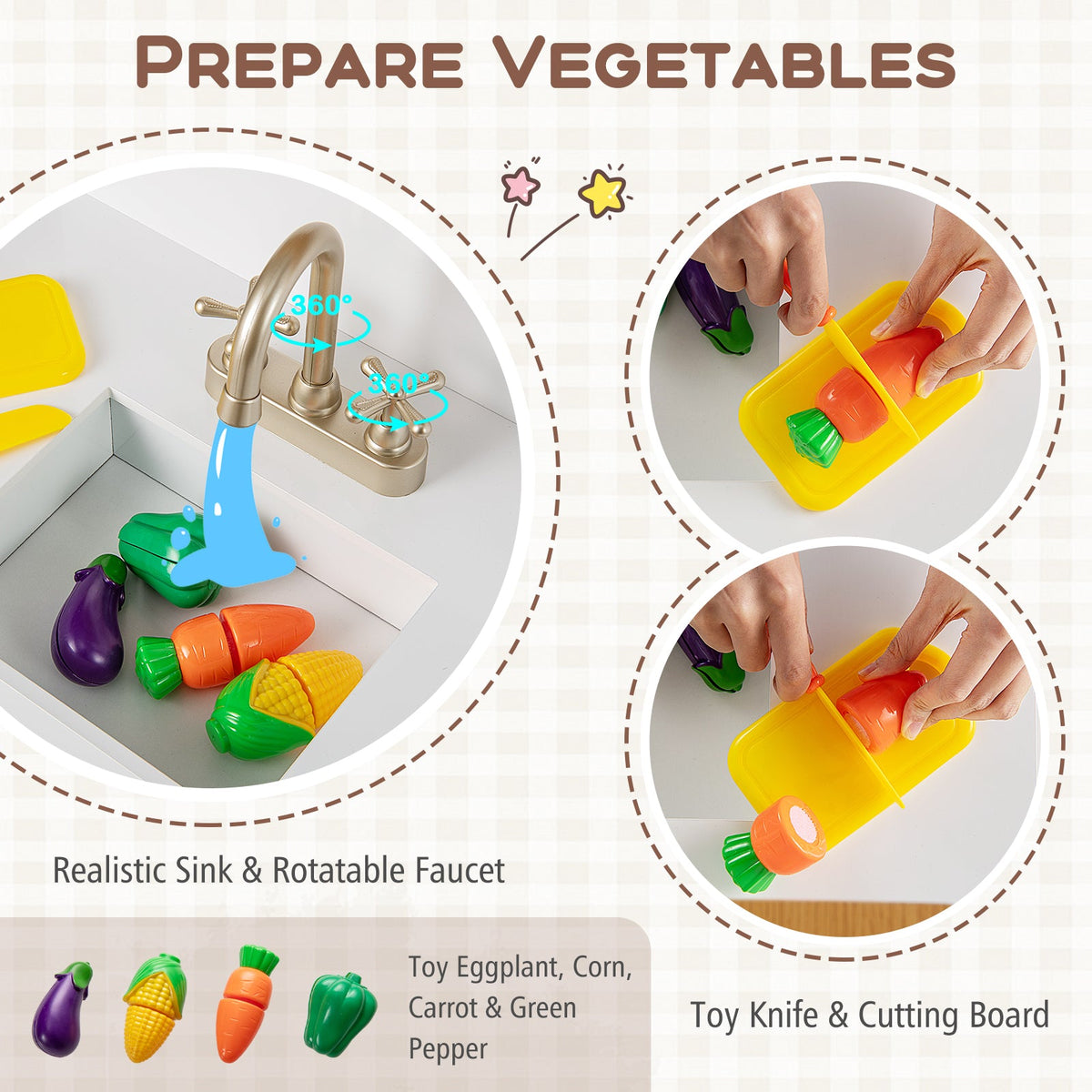 Kids Kitchen Playset with Cooking Accessories and Toy Cuttable Veggies-White