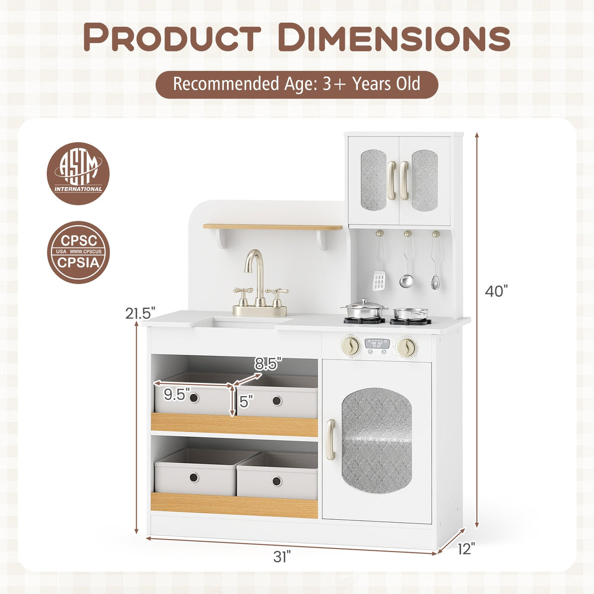 Kids Kitchen Playset with Cooking Accessories and Toy Cuttable Veggies-White