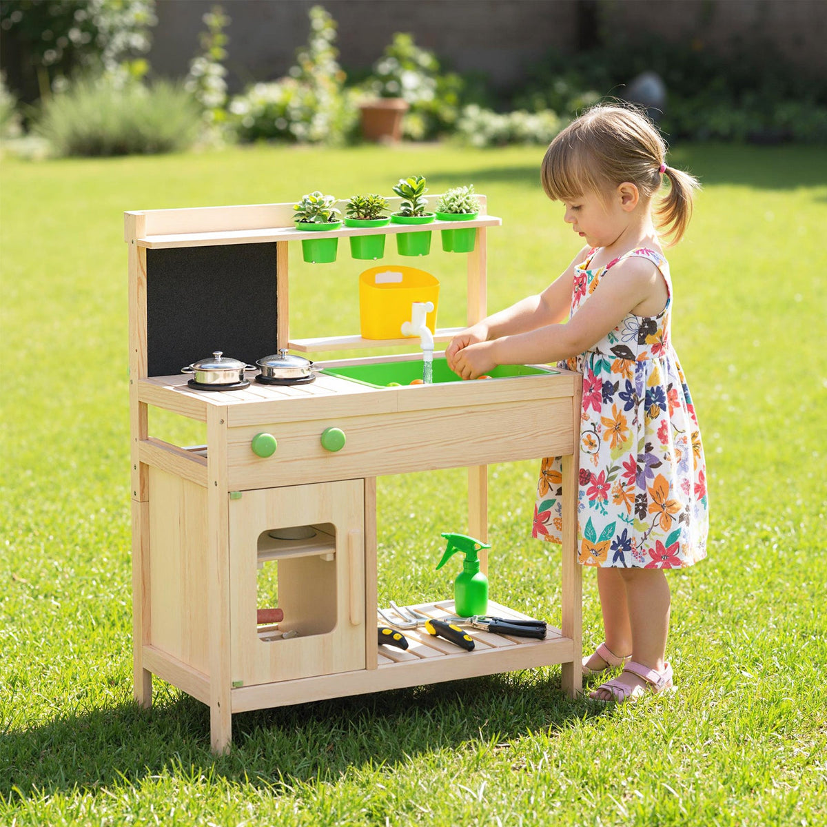Kids Mud Kitchen Play Pretend Kitchen with Chalkboard for Kids Aged 3+