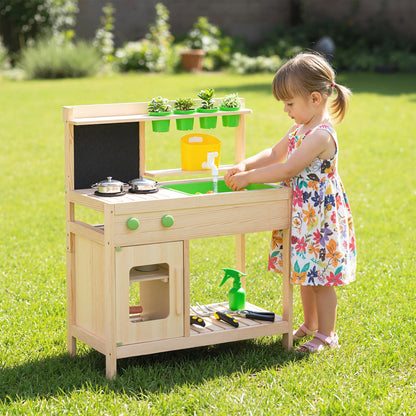 Kids Mud Kitchen Play Pretend Kitchen with Chalkboard for Kids Aged 3+