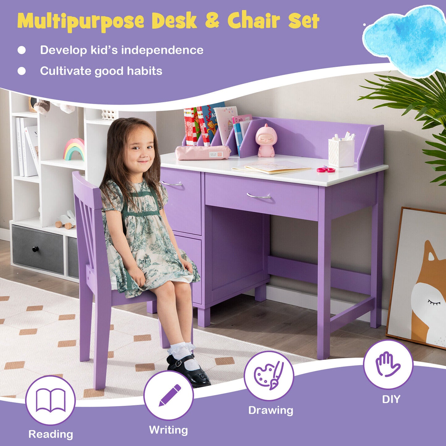 Kids Writing Desk and Chair Set with Storage Drawer