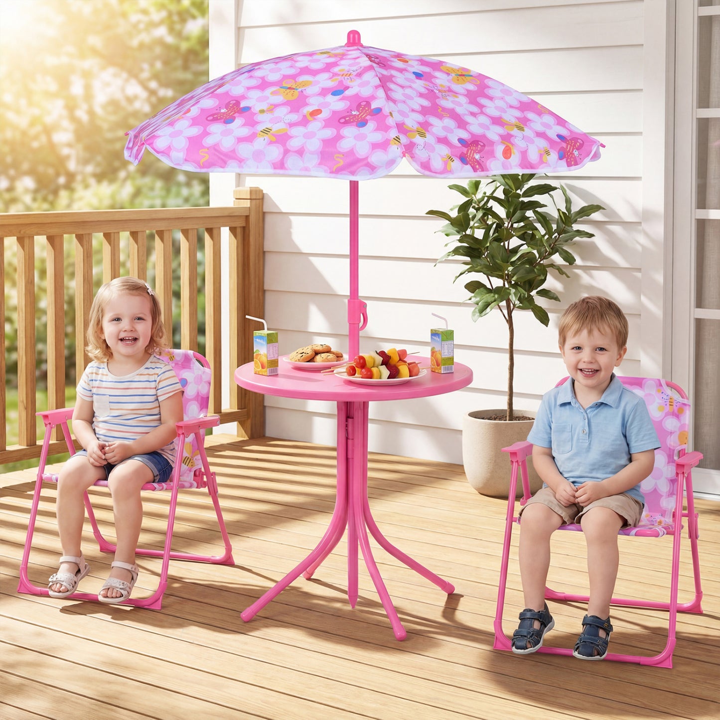 Kids Outdoor Table and Chair Set with Adjustable Umbrella