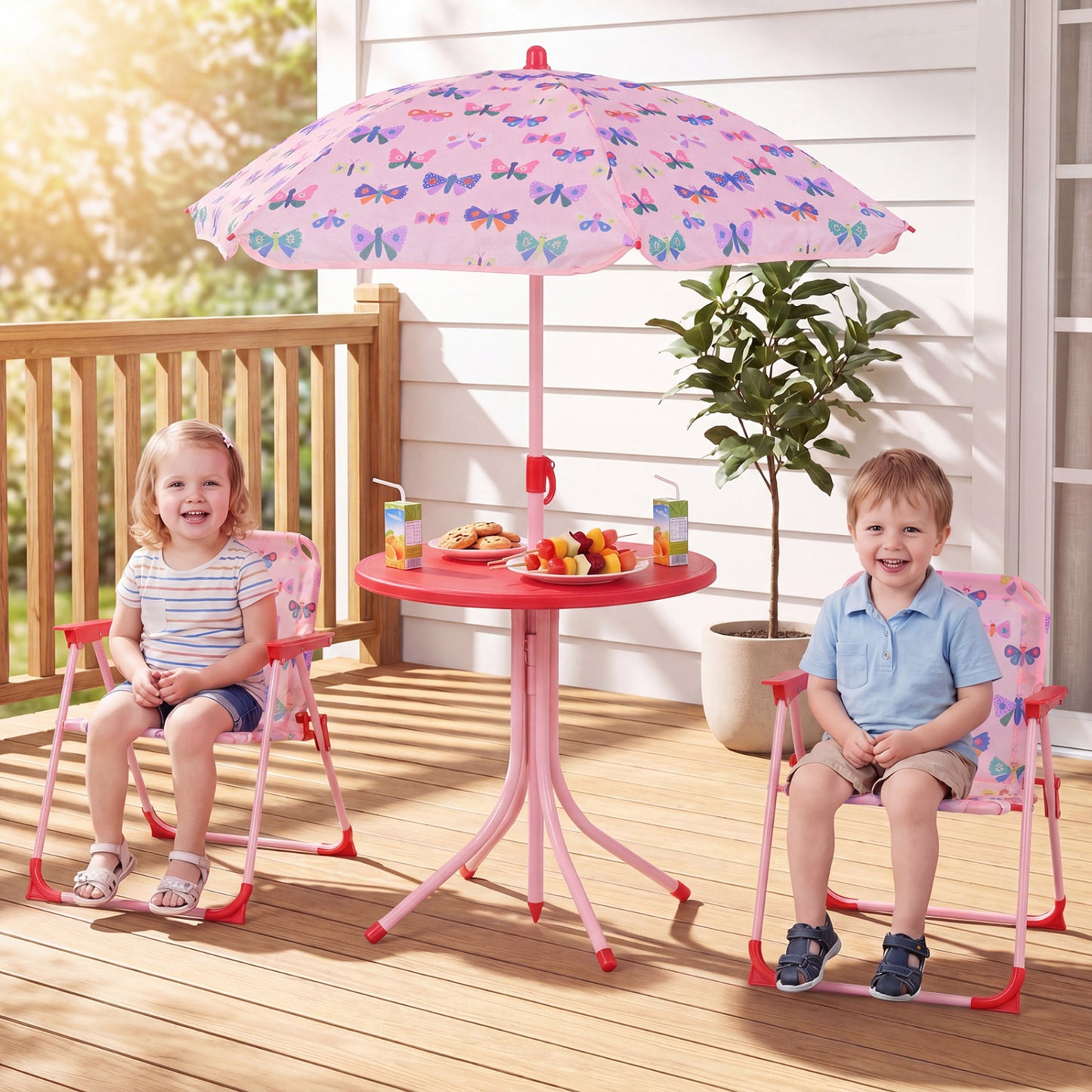 Kids Outdoor Table and Chair Set with Adjustable Umbrella