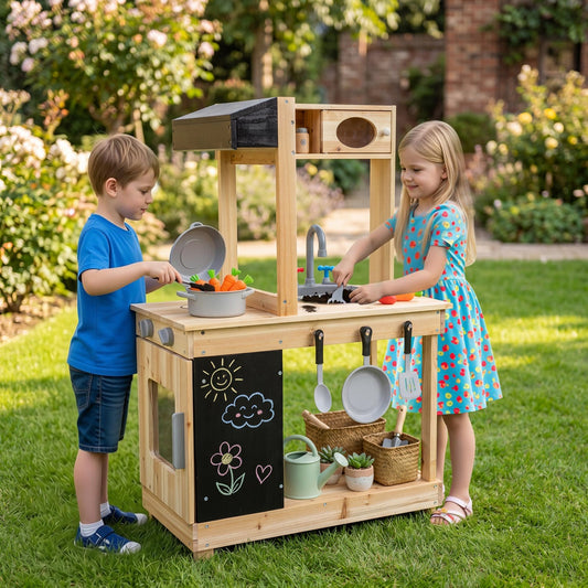 Wooden Mud Kitchen Playset with Stove and Chalkboard