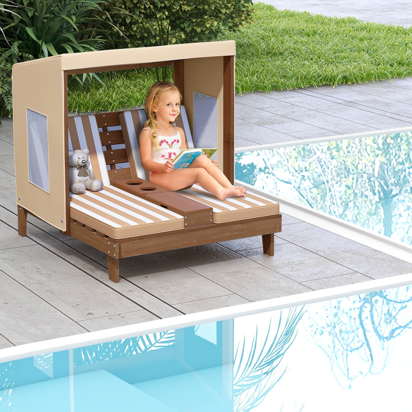 Kids Double Lounge Chair with Awning and Cup Holders