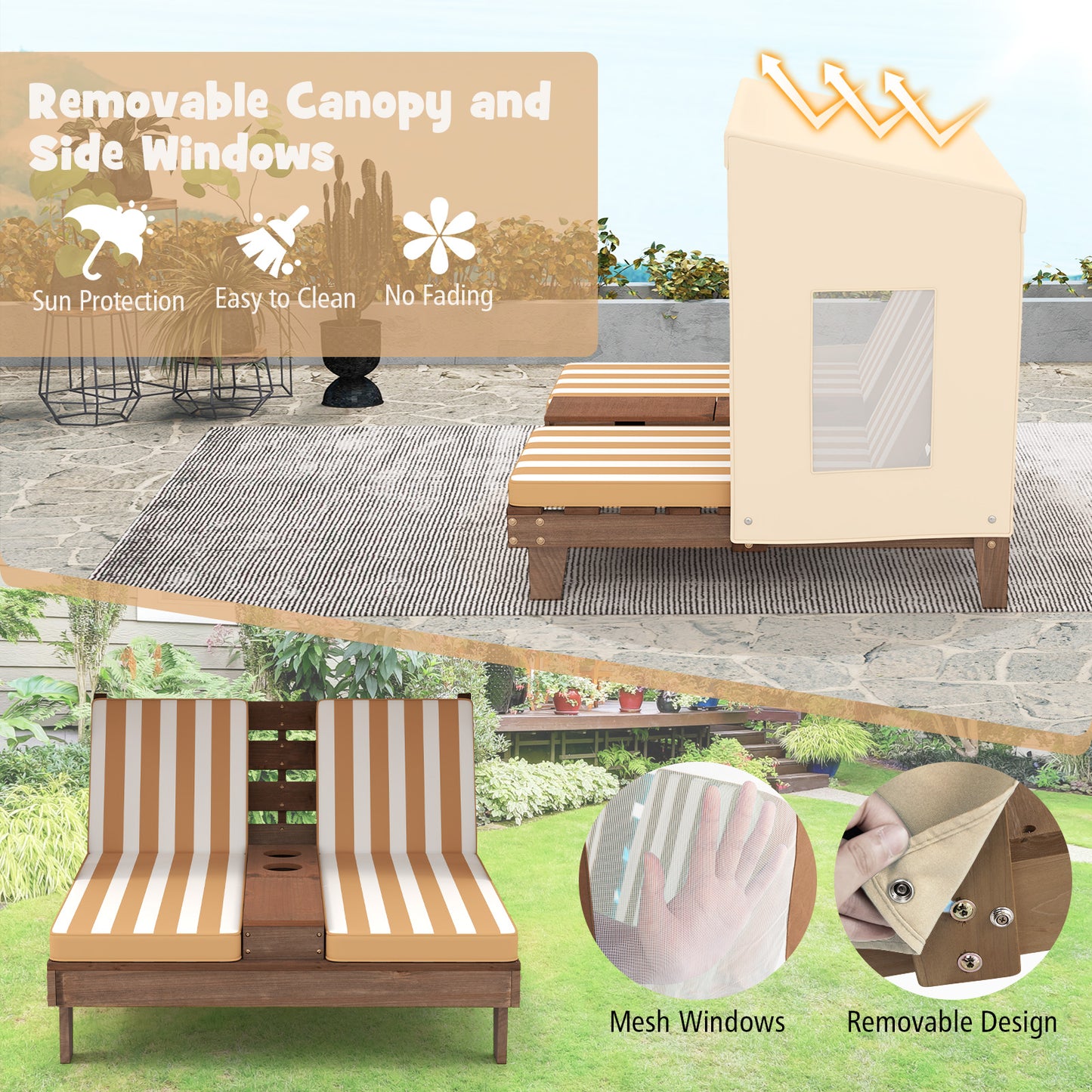 Kids Double Lounge Chair with Awning and Cup Holders