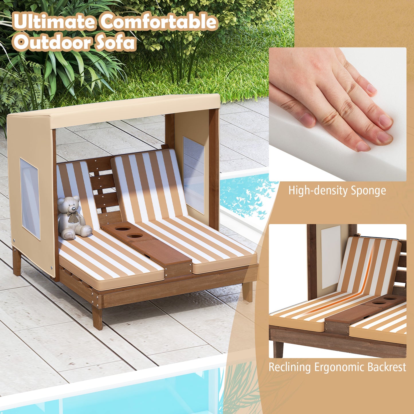 Kids Double Lounge Chair with Awning and Cup Holders