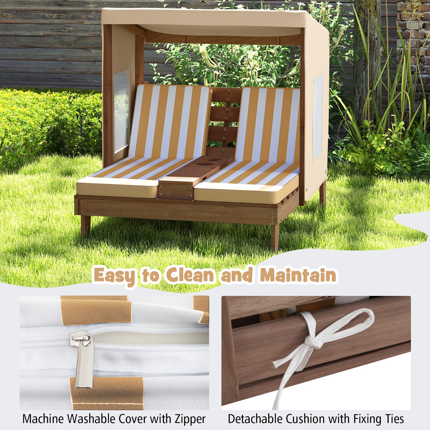 Kids Double Lounge Chair with Awning and Cup Holders