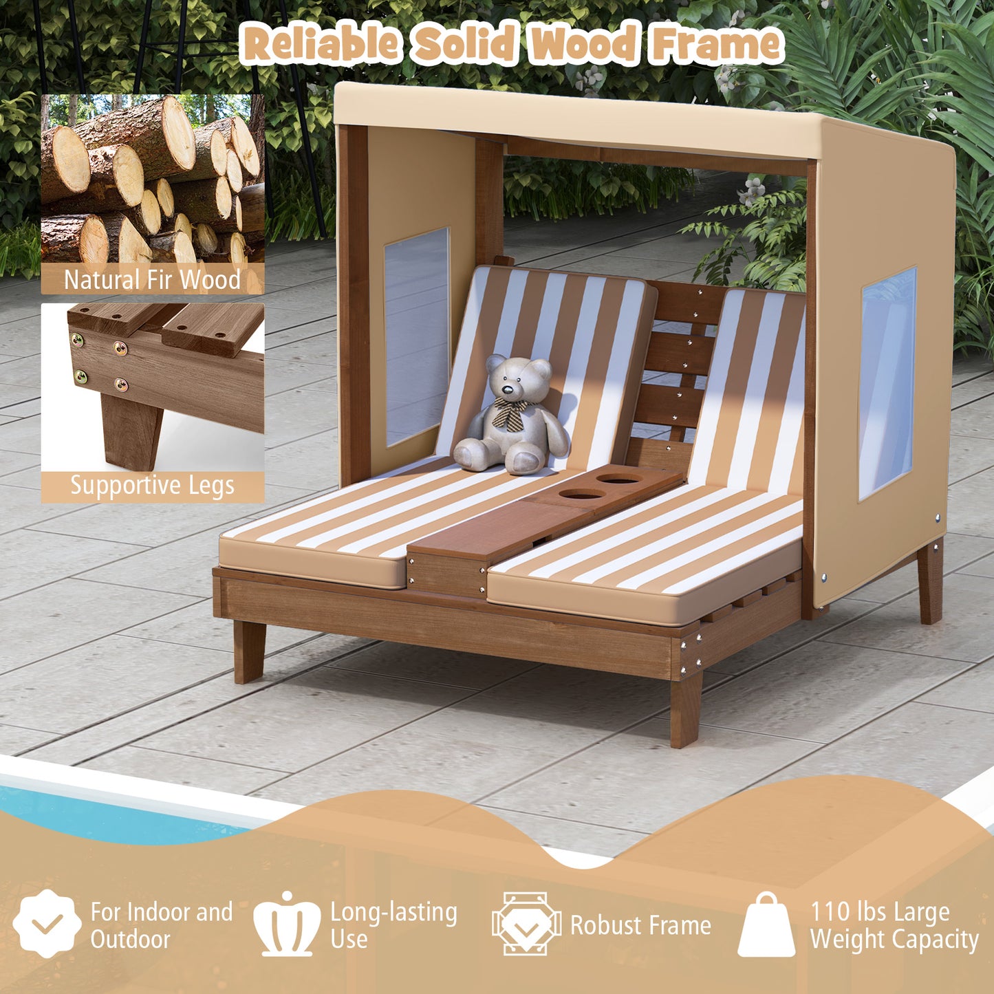 Kids Double Lounge Chair with Awning and Cup Holders