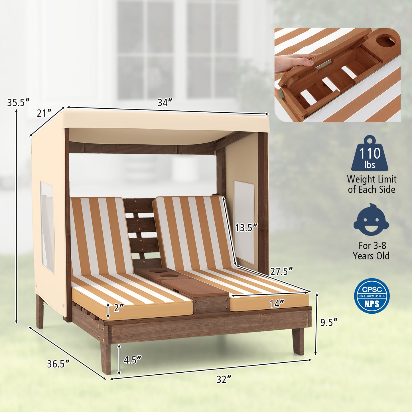 Kids Double Lounge Chair with Awning and Cup Holders