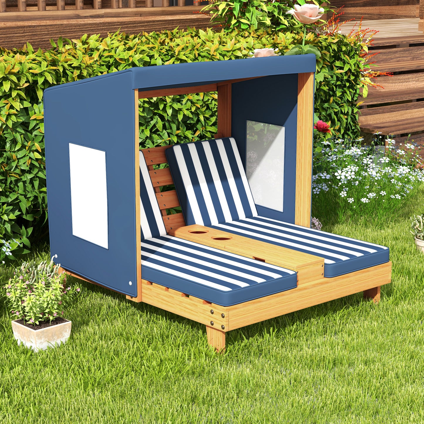 Kids Double Lounge Chair with Awning and Cup Holders