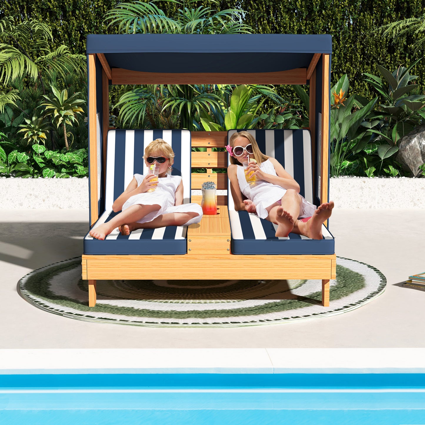 Kids Double Lounge Chair with Awning and Cup Holders