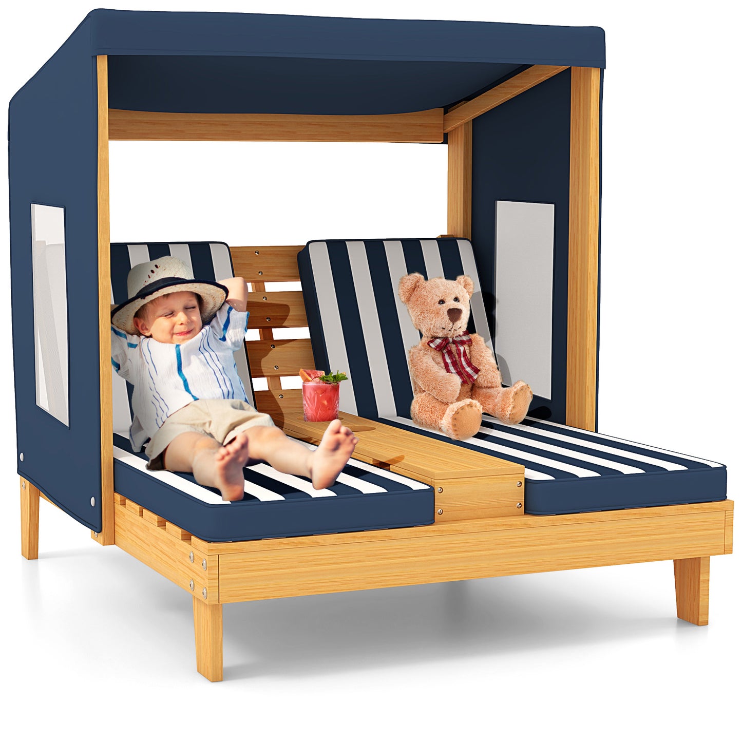 Kids Double Lounge Chair with Awning and Cup Holders