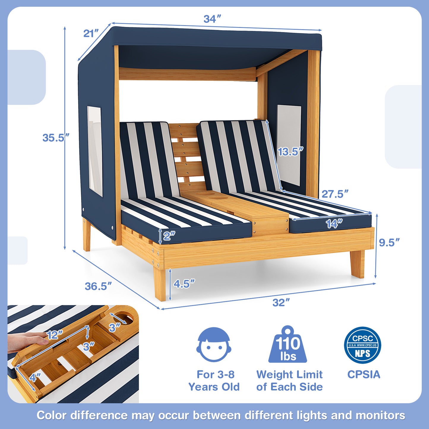 Kids Double Lounge Chair with Awning and Cup Holders
