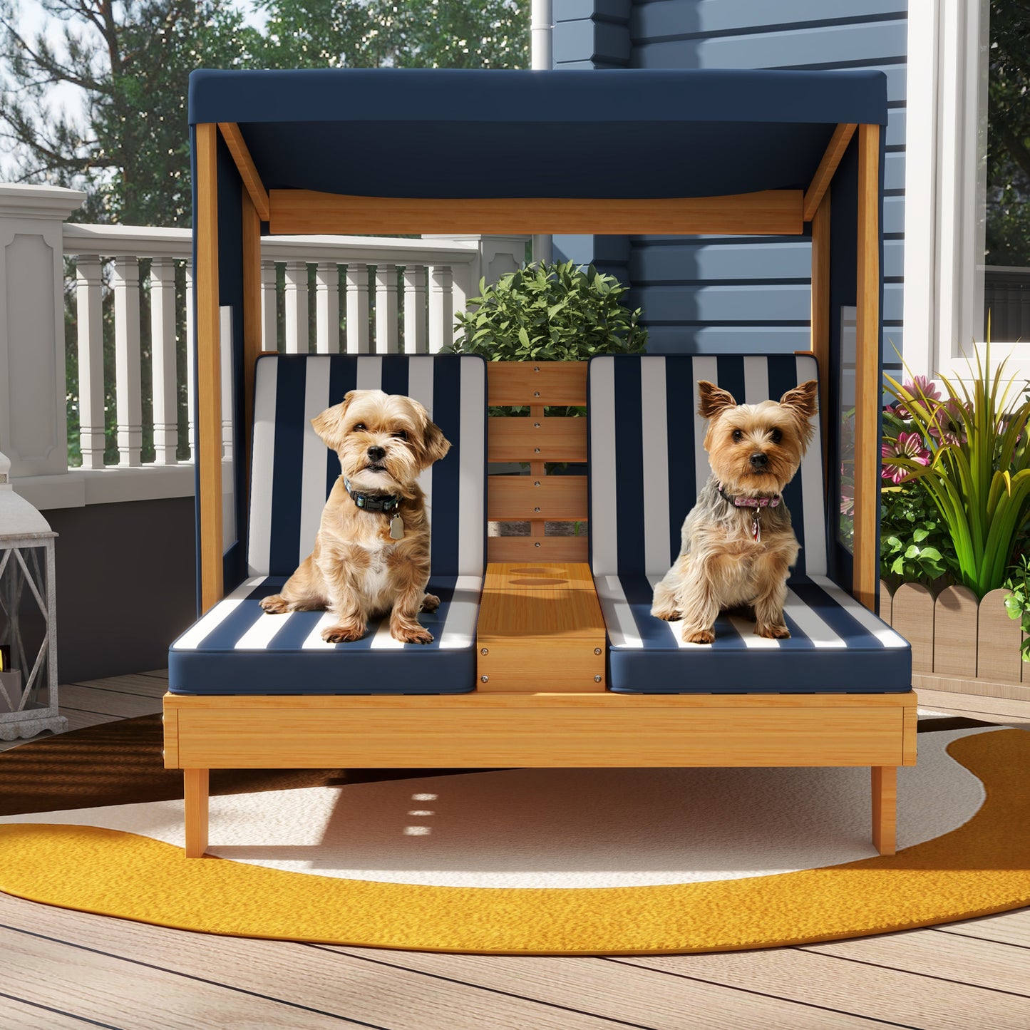 Kids Double Lounge Chair with Awning and Cup Holders