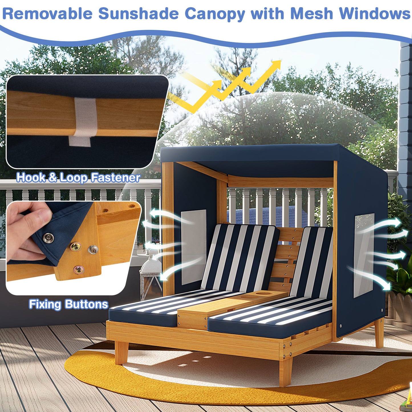 Kids Double Lounge Chair with Awning and Cup Holders