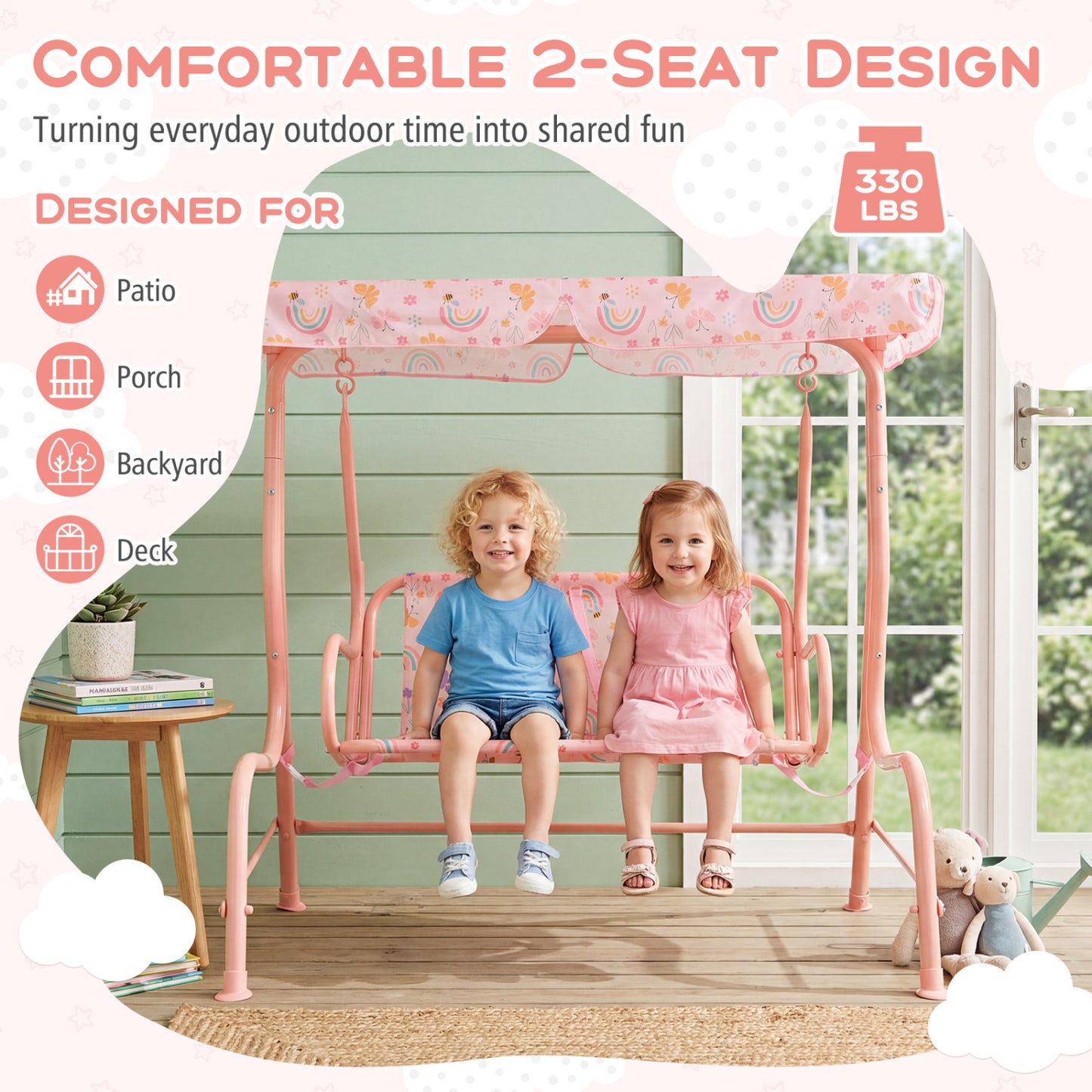 2-Seater Kids Patio Swing with Adjustable Canopy