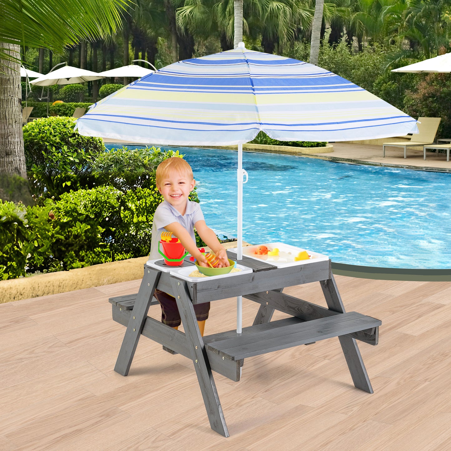 Kids Picnic Table Set with Umbrella and 3 Storage Bins