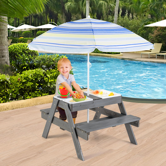 Kids Picnic Table Set with Umbrella and 3 Storage Bins