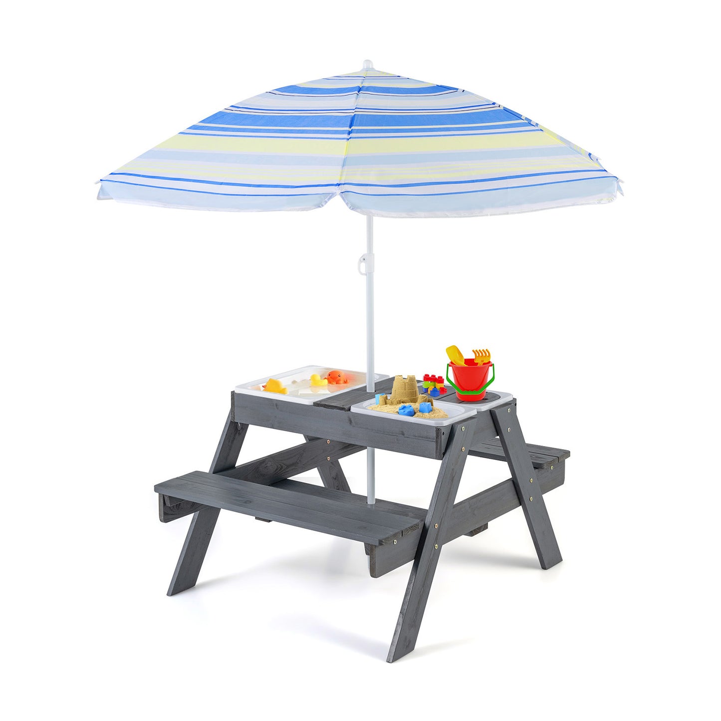 Kids Picnic Table Set with Umbrella and 3 Storage Bins