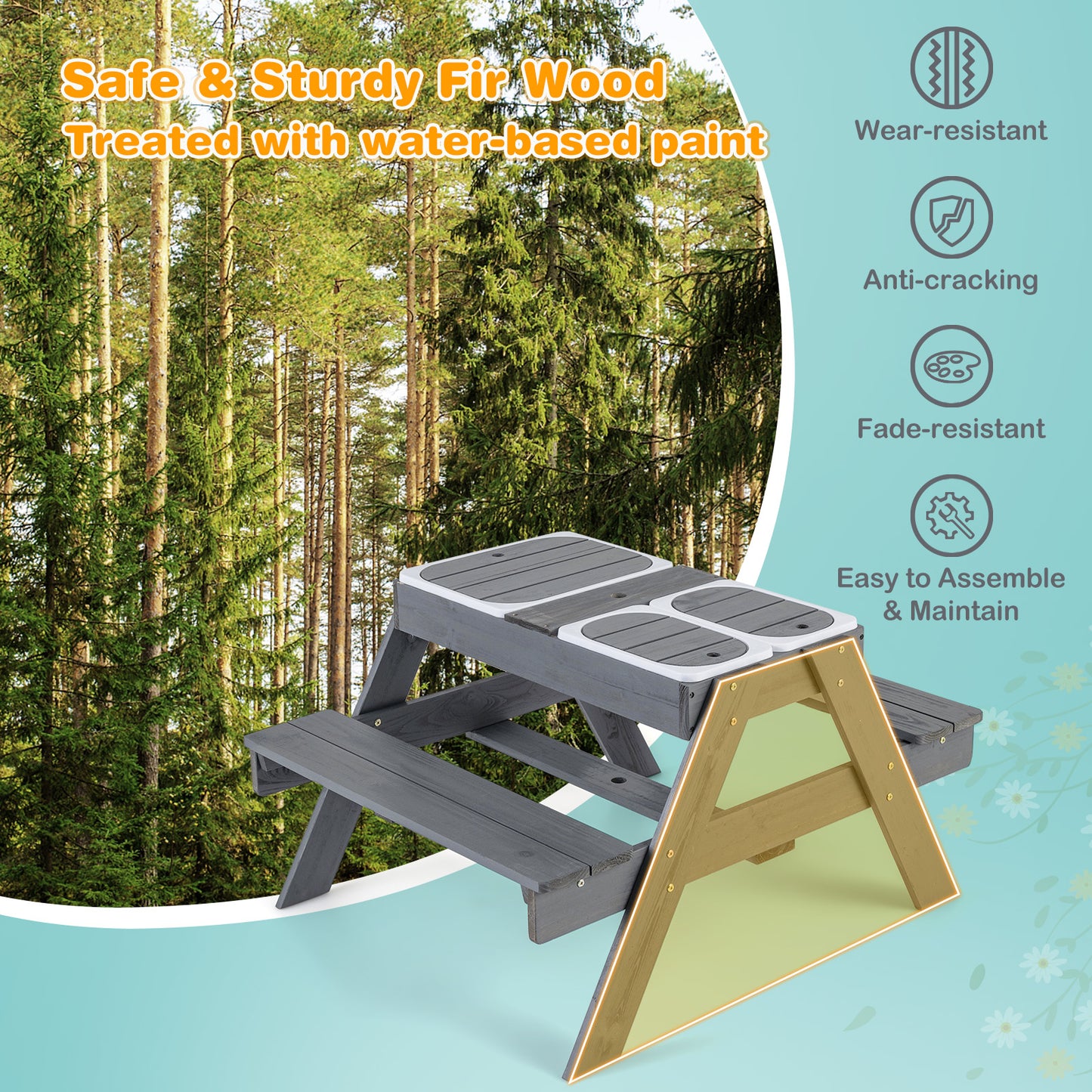 Kids Picnic Table Set with Umbrella and 3 Storage Bins