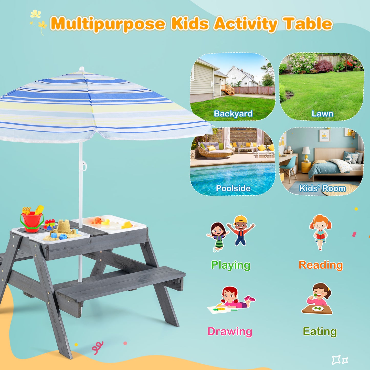 Kids Picnic Table Set with Umbrella and 3 Storage Bins