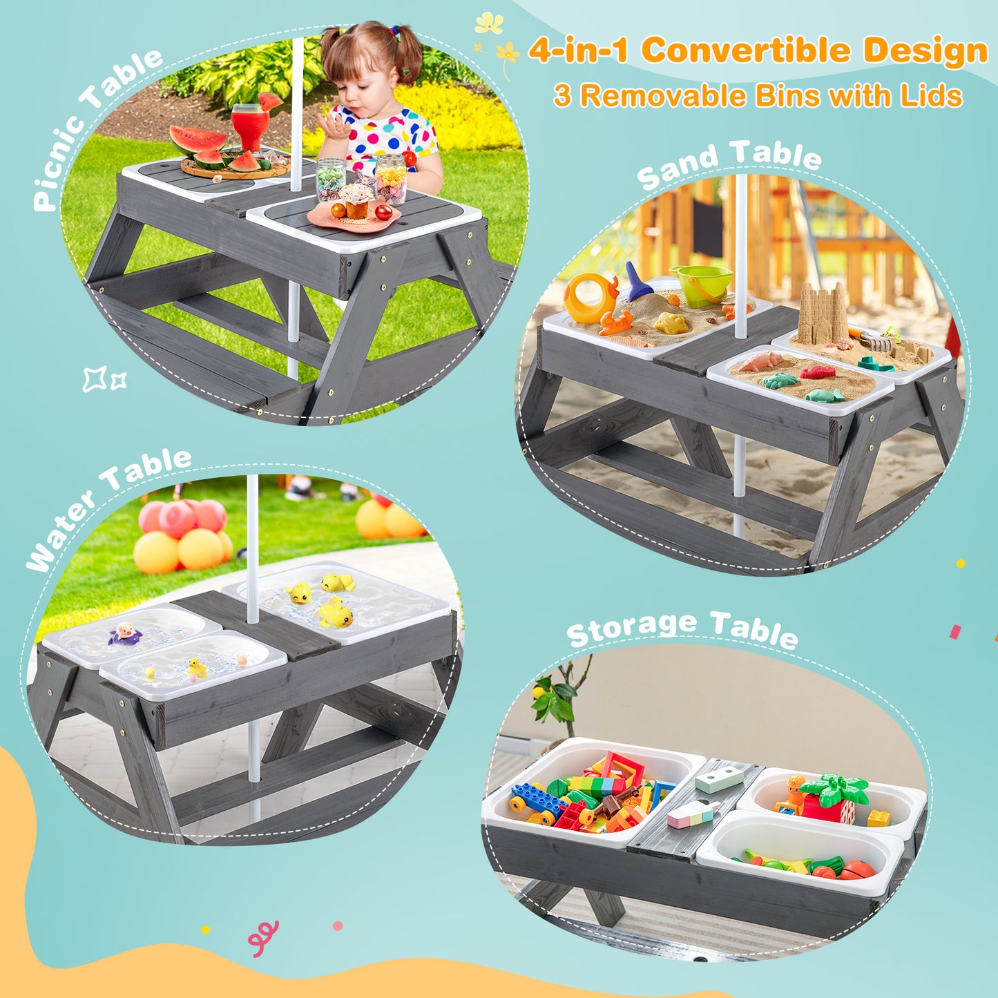 Kids Picnic Table Set with Umbrella and 3 Storage Bins