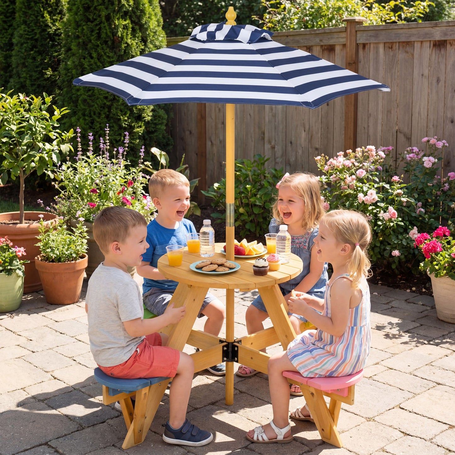 Kids Picnic Table with Umbrella and 4 Stools Set