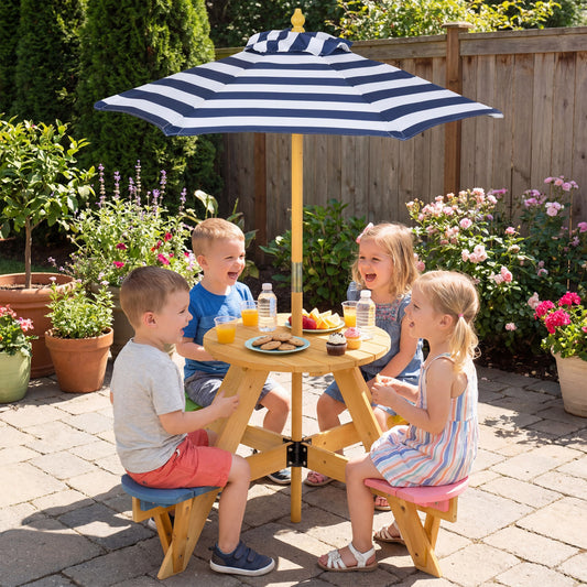 Kids Picnic Table with Umbrella and 4 Stools Set