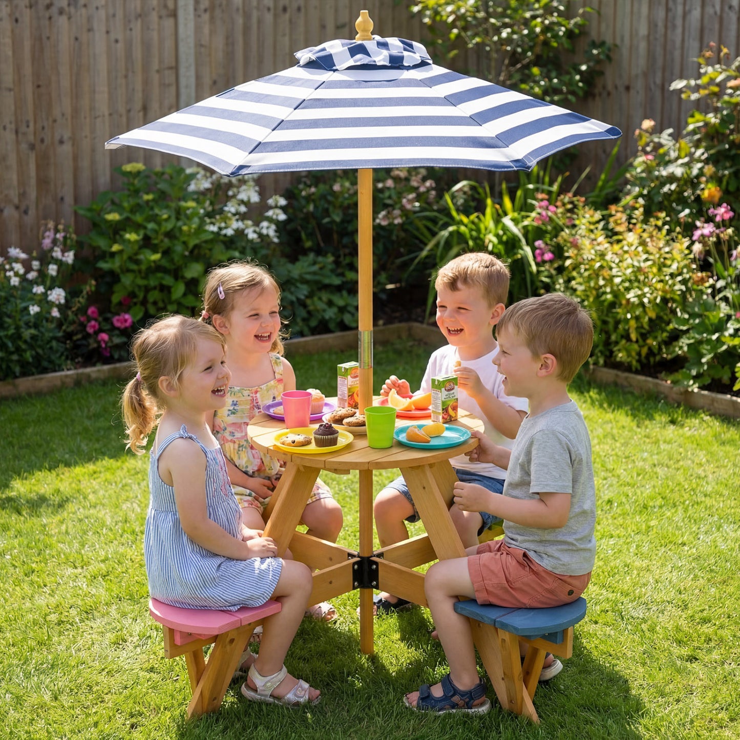Kids Picnic Table with Umbrella and 4 Stools Set