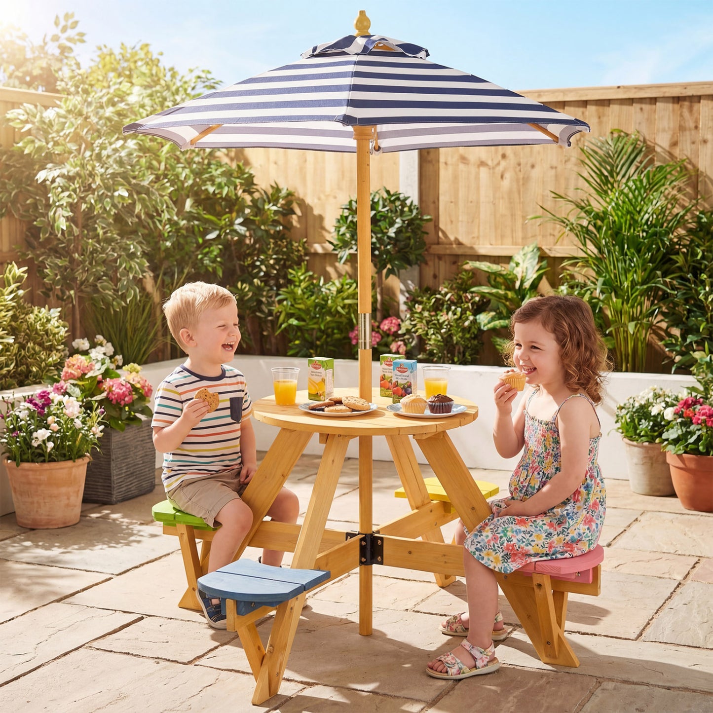 Kids Picnic Table with Umbrella and 4 Stools Set