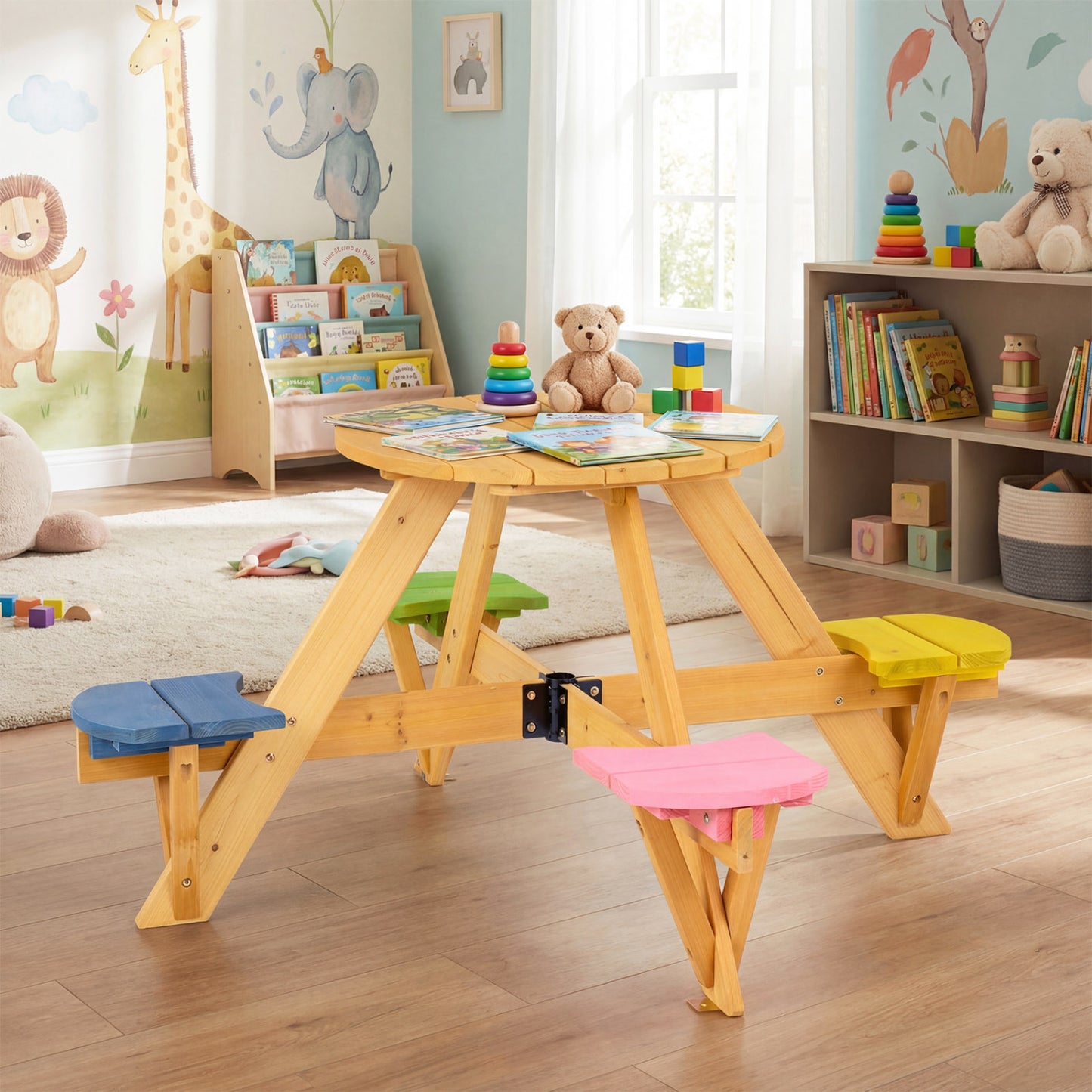 Kids Picnic Table with Umbrella and 4 Stools Set