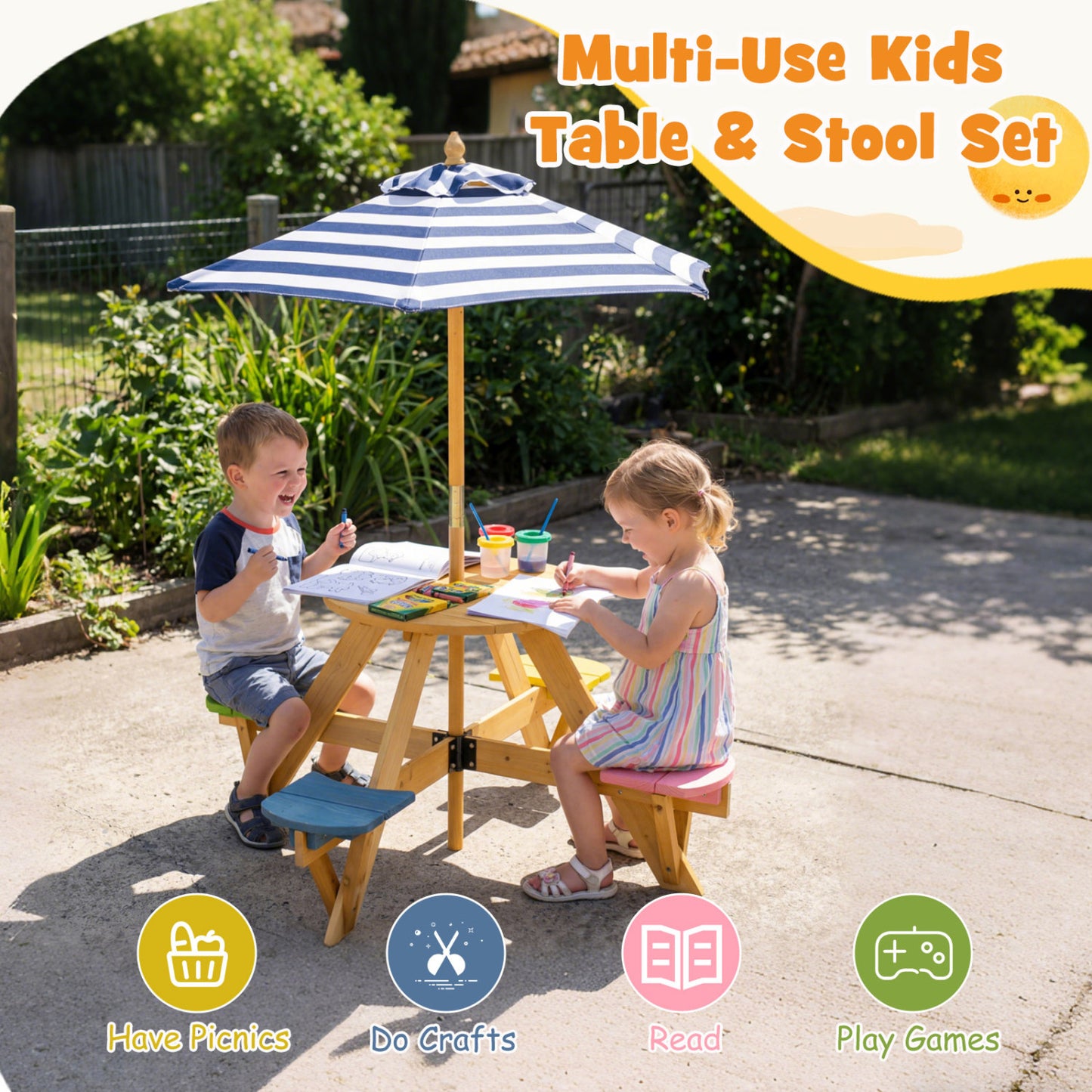 Kids Picnic Table with Umbrella and 4 Stools Set
