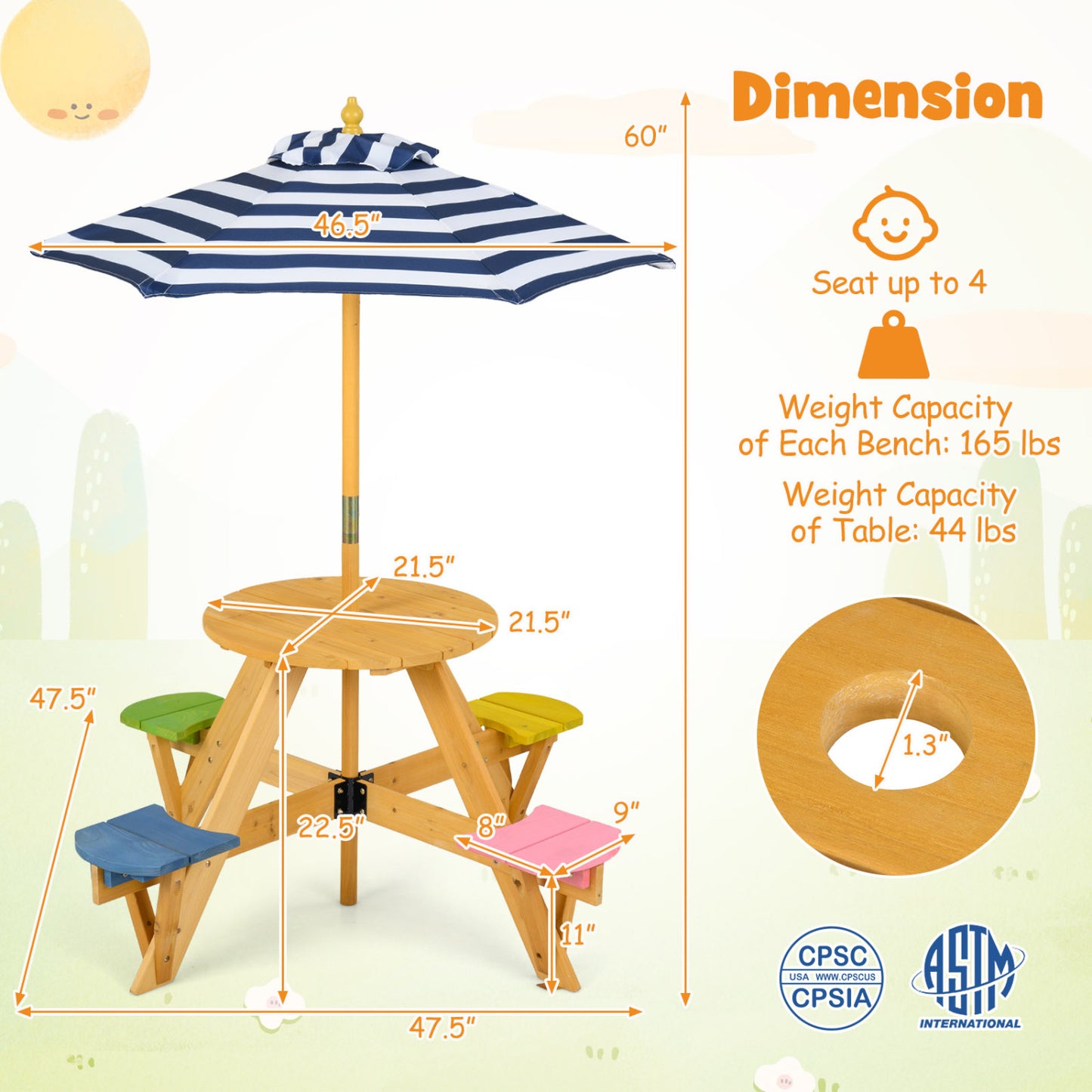 Kids Picnic Table with Umbrella and 4 Stools Set