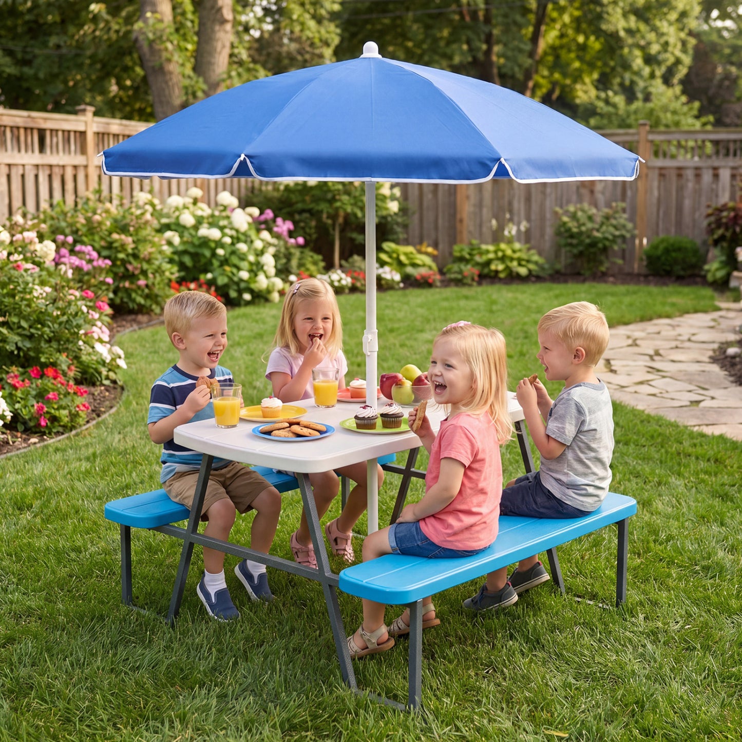 Kids Picnic Table with Benches and Umbrella - Seats 4