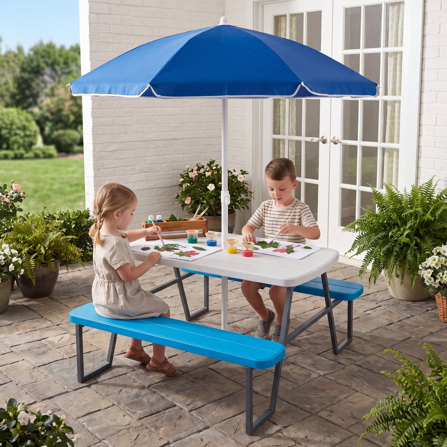 Kids Picnic Table with Benches and Umbrella - Seats 4