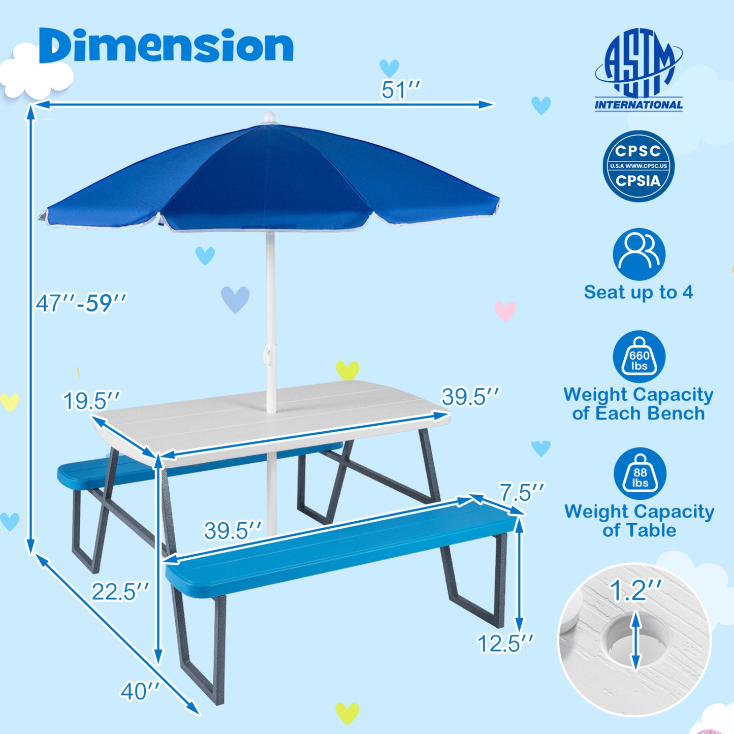 Kids Picnic Table with Benches and Umbrella - Seats 4